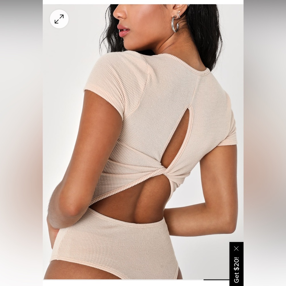 Bodysuit Beige ribbed short sleeve twist back bodysuit